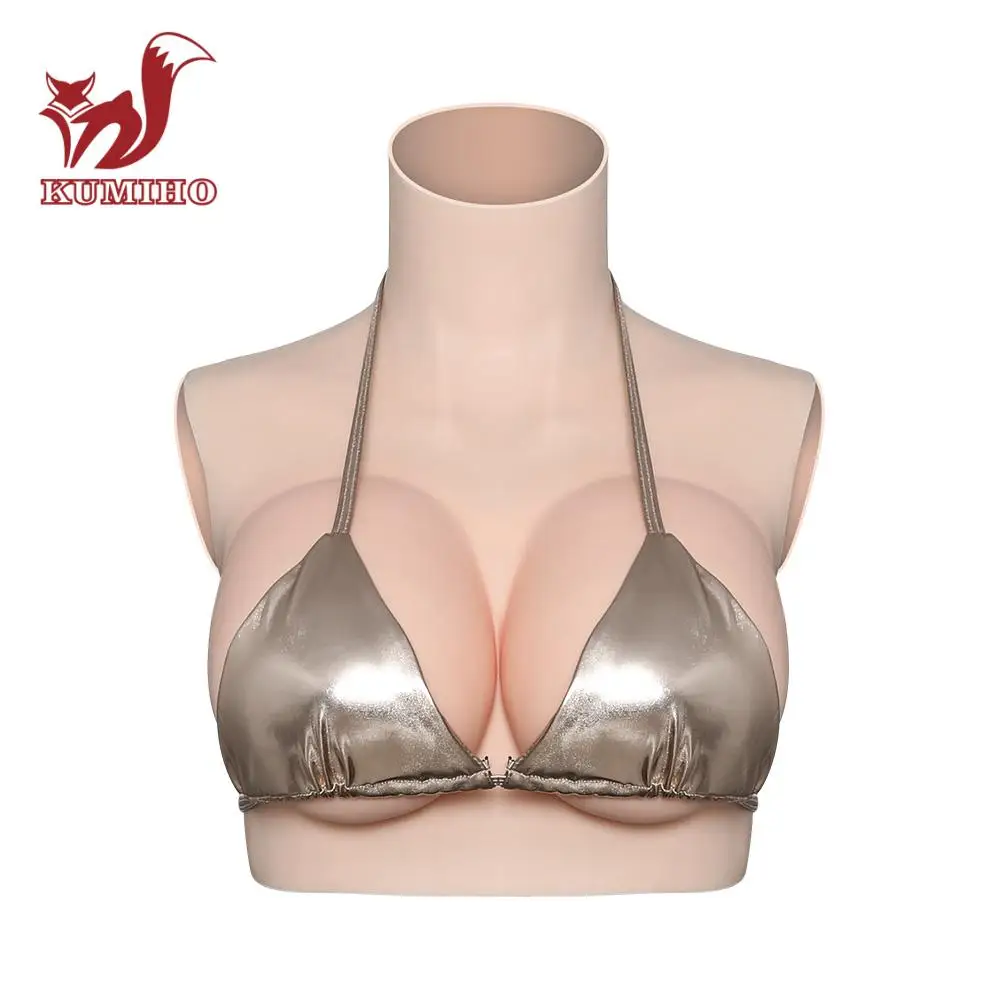 KUMIHO D CUP Realistic Silicone Breast Forms High Collar Neck Fake Boobs for Crossdresser Fill Silk Cotton Shemale Drag Queen