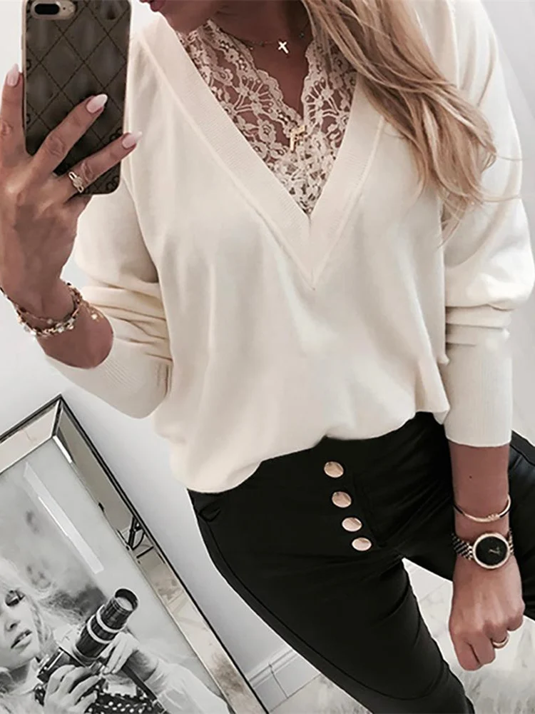Осенняя Женская Элегантная Модная Повседневная белая рубашка для отдыха OL базовый топ с v-образным вырезом кружевная вставка блузка с длинным рукавом - Цвет: Белый