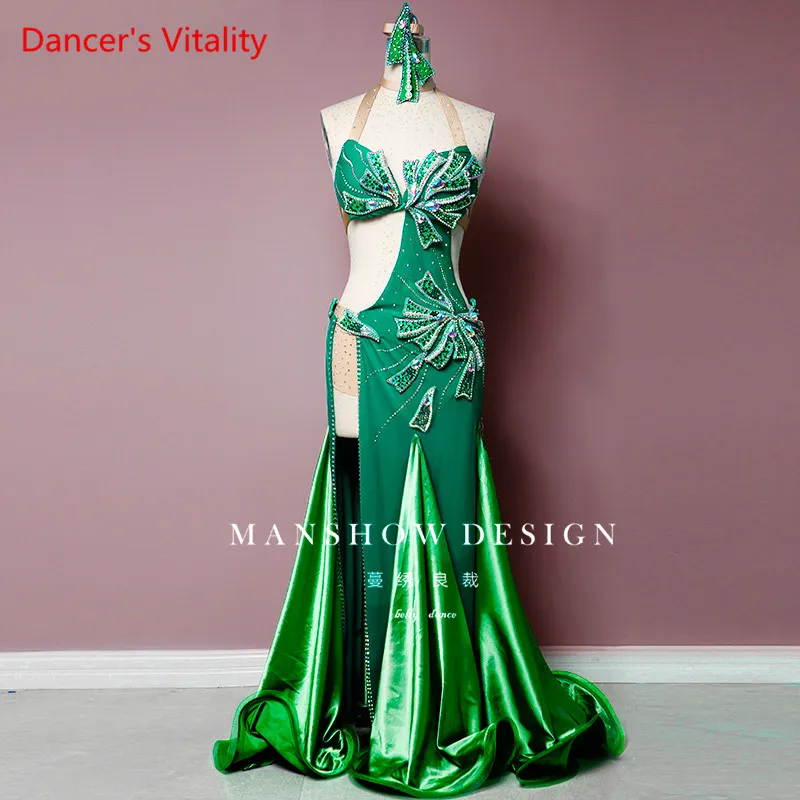 Изготовленные на заказ костюмы для танца живота женский костюм летний сексуальный прикрывающий живот танец зеленый роскошный с инкрустацией стразами
