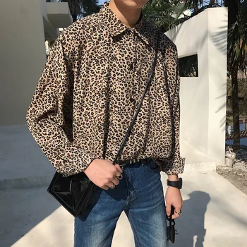 

2XL Men Retro Fashion Leopard Long Sleeve Casual Long Sleeve Shirt Male Women Japan Korea Streetwear Hip Hop Loose Dress Shirts