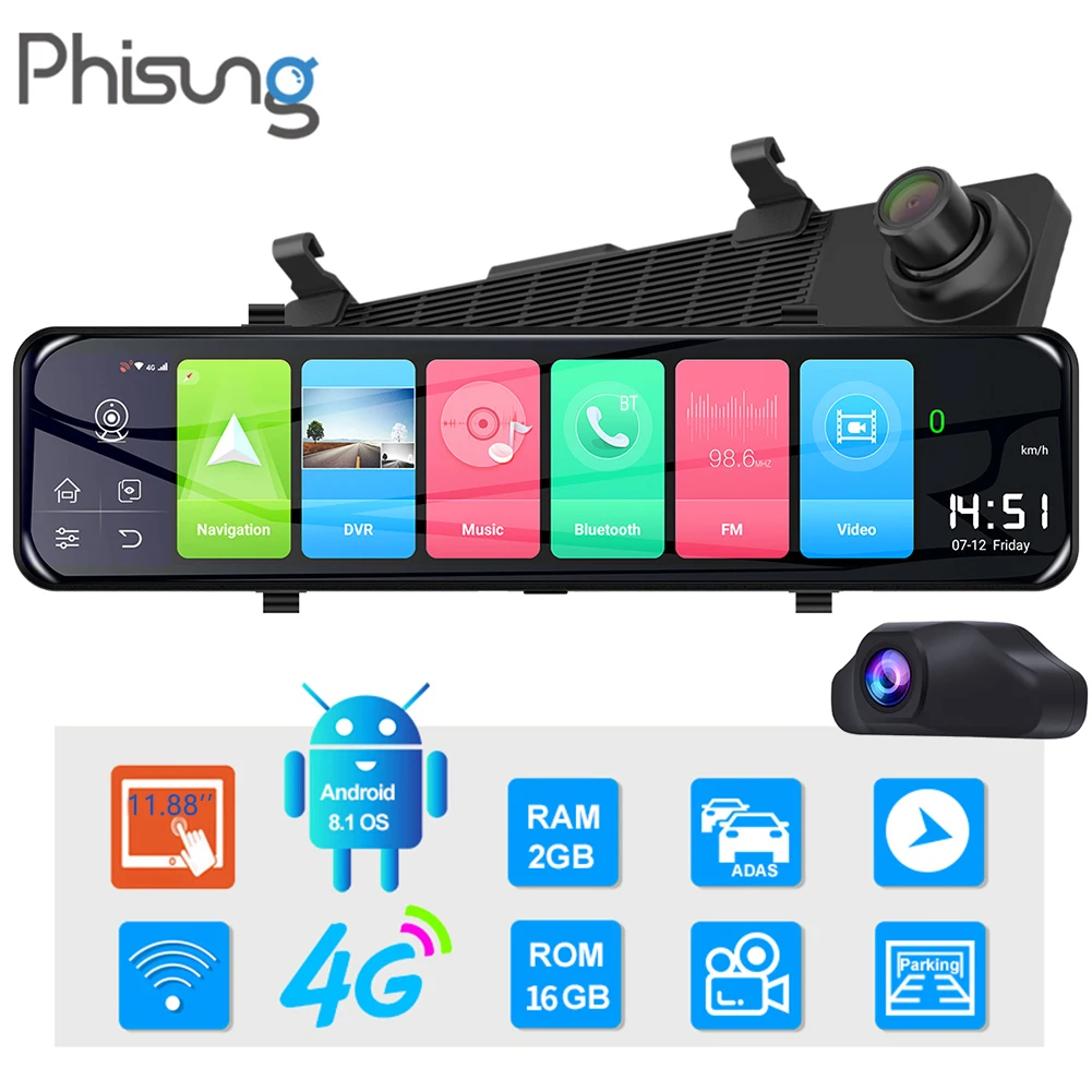 Зеркало видеорегистратор Phisung Z70 FHD 1080P Android 8 1 11 88 дюйма двойной объектив 4G Wi Fi Bluetooth