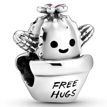 

New 925 Sterling Silver Bead Charm Vintage Free Hugs Cactus In A Little Flowerpot Beads Fit Bracelet Bangle DIY Jewelry