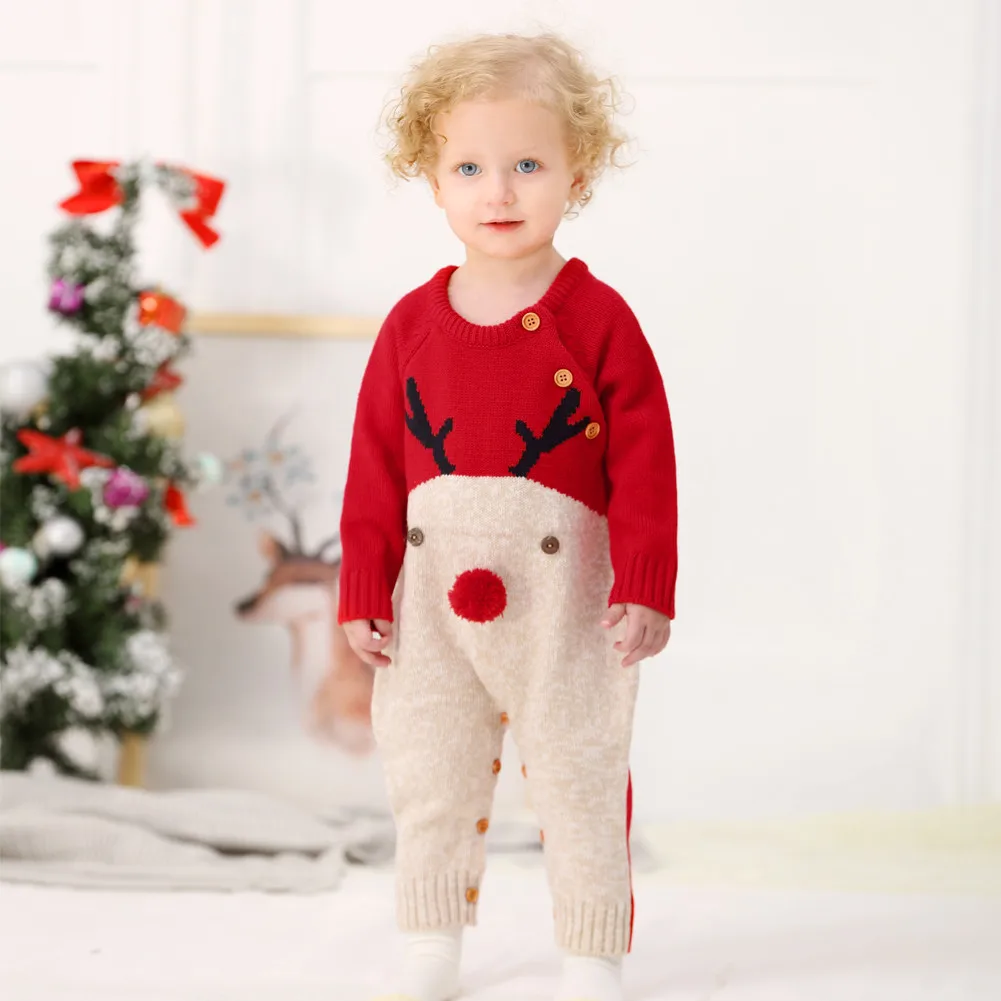 Рождественская Детская одежда для новорожденного мальчика и девочки 0-18 месяцев, комбинезон с оленем, вязаный теплый комбинезон, рождественские детские костюмы, одежда
