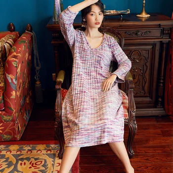 

2020 Fashionable Pajama Girl Winter Loose Cute Wide Strip Knit Long Nightgowns Long Sleeve Comfortable Sleepwear Sleep Dress