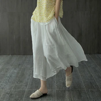 

Spring Summer New Arts Style Women Elastic Waist Vintage Wide Leg Pants Double-deck Cotton Linen Solid Loose White Pants S957