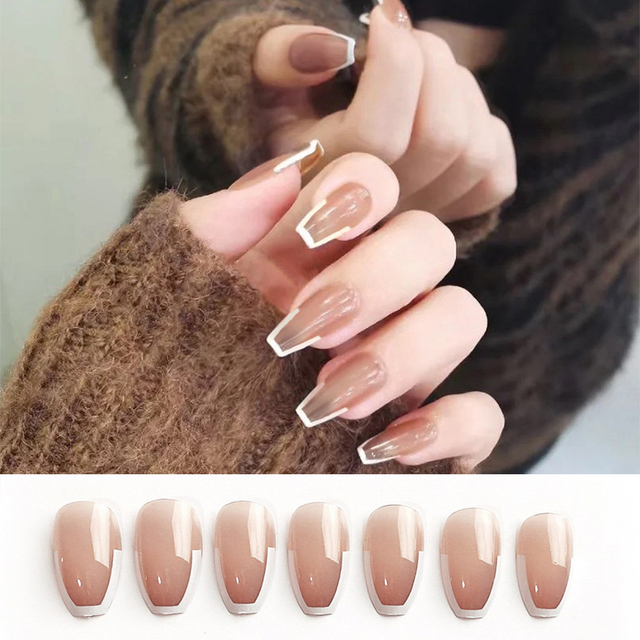 Detachable False Nails French with Black Line Fake Nails Full Cover Nail Art Tips Press on Nails with Glue Manicure Tools