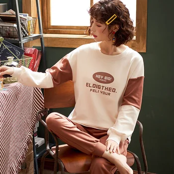 

Women Sleepwear Pajamas Autumn 100% Cotton long-sleeved Winter Back Letter Printing Casual Pijamas Mujer Loose 2PCS Suit