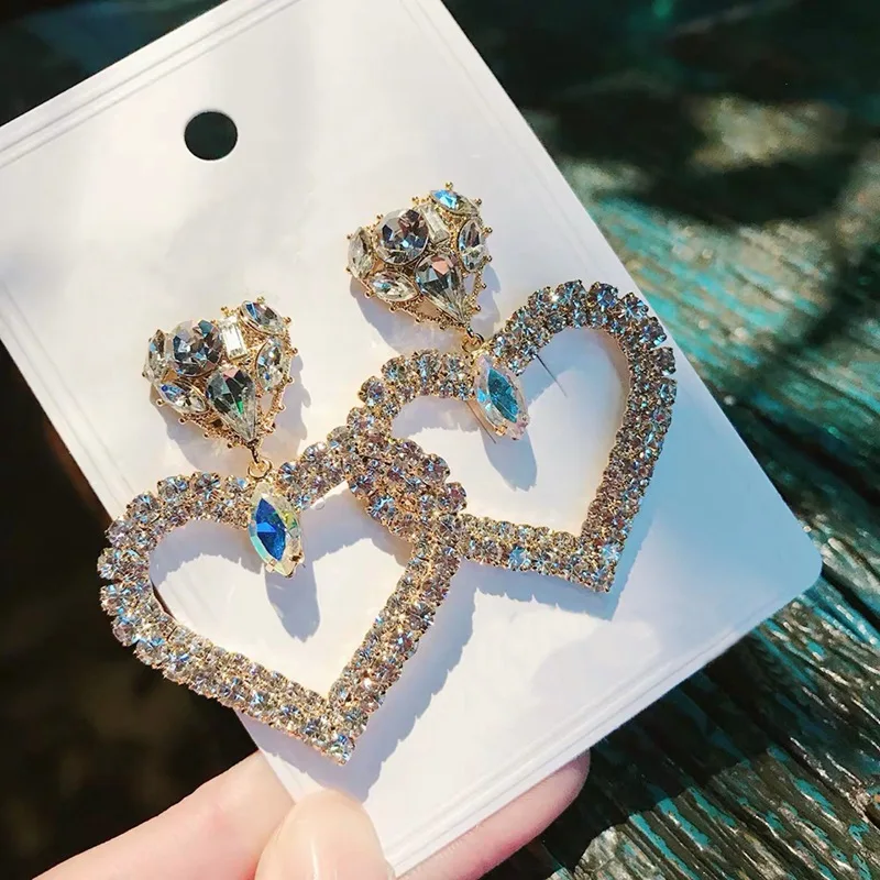MENGJIQIAO Korean New Luxury Crystal Big Hollow Heart Long Pendientes Mujer Moda Bijoux Elegant Party Earrings Brincos Jewelry