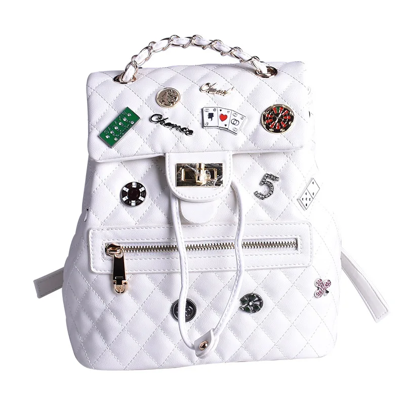 

Summer Backpack Small White Personality Badge Fragrance Chain Backpack High Quality Women Diamond Lattice Backpacks