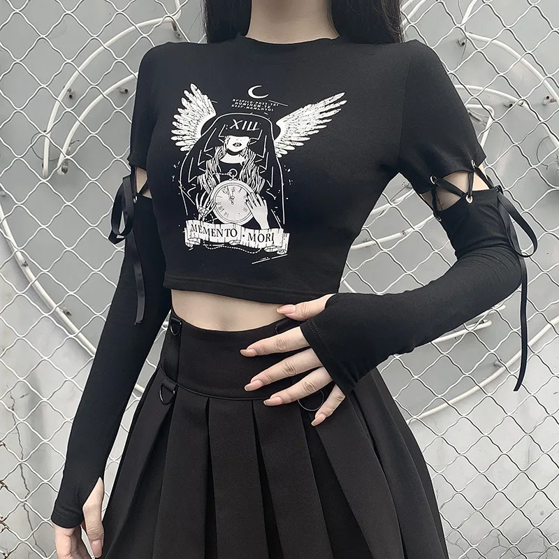 Gothic T-shirt Women Punk Graphic Printed Long Sleeve Patchwork Tee Tops Streetwear Sexy Black Short Tshirt Femme