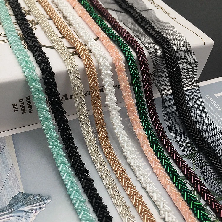 8mm Ivory Green Beading Pearl Trims Beaded Ribbon For Sewing Clothing