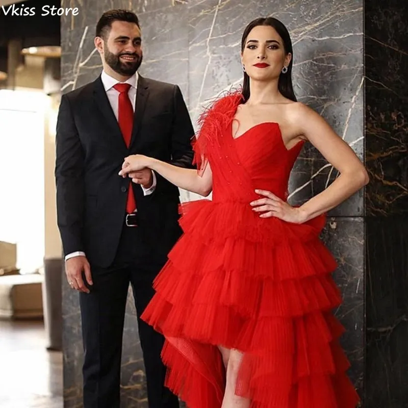 

Vkiss New Evening Dress Tiered One Shoulder Feathers V-neck High Low Sweep Train For Girl Party Prom Dress