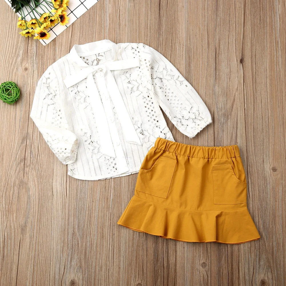 Emmababy, новая осенняя одежда для маленьких девочек белые топы с длинными рукавами и кружевным галстуком-бабочкой+ юбка, комплект одежды
