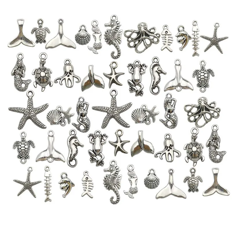 20pcs Random Mix Animal Charms Pendants Alloy Metal Fish Seahorse Starfish Charms for Necklace Bracelet Findings Jewelry Making - Окраска металла: random