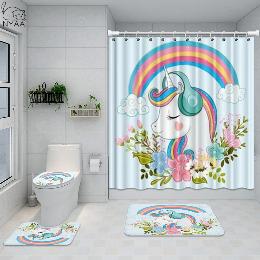White Unicorn Decor For Girls Bathroom Set Funny Rainbow Waterproof Shower Curtain Toilet Cover Mat Non Slip Rug Baby Decor Shower Curtains Aliexpress