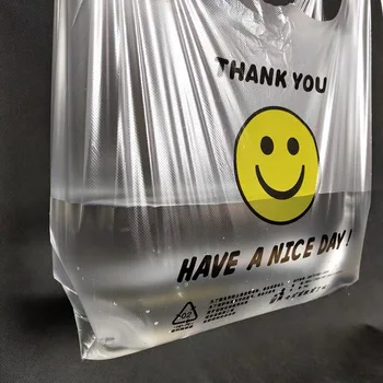 

Plastic Carry Out Bag Thank you Smile Gift Bag Retail Supermarket Grocery Shopping Plastic bags With Handle Food Packaging 50pcs