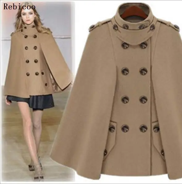 

Autumn Winter Fashion Women Wool Cape Coat Fur Collar Woolen Blend Coats Female Hooded Cashmere Poncho Overcoat