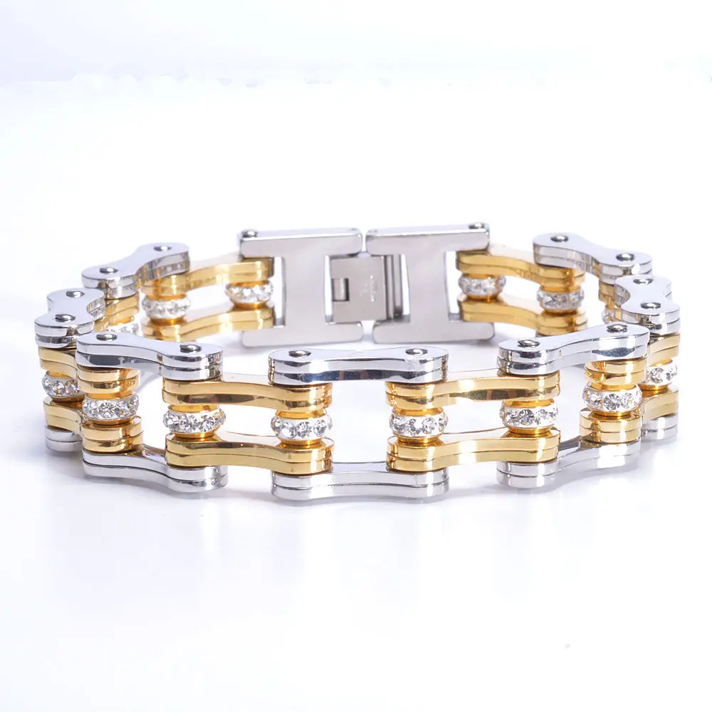 Браслет для велосипедной цепи из нержавеющей стали со стразами золотого и серебряного цвета 230 мм мужской браслет цепочка браслет ювелирное изделие подарок