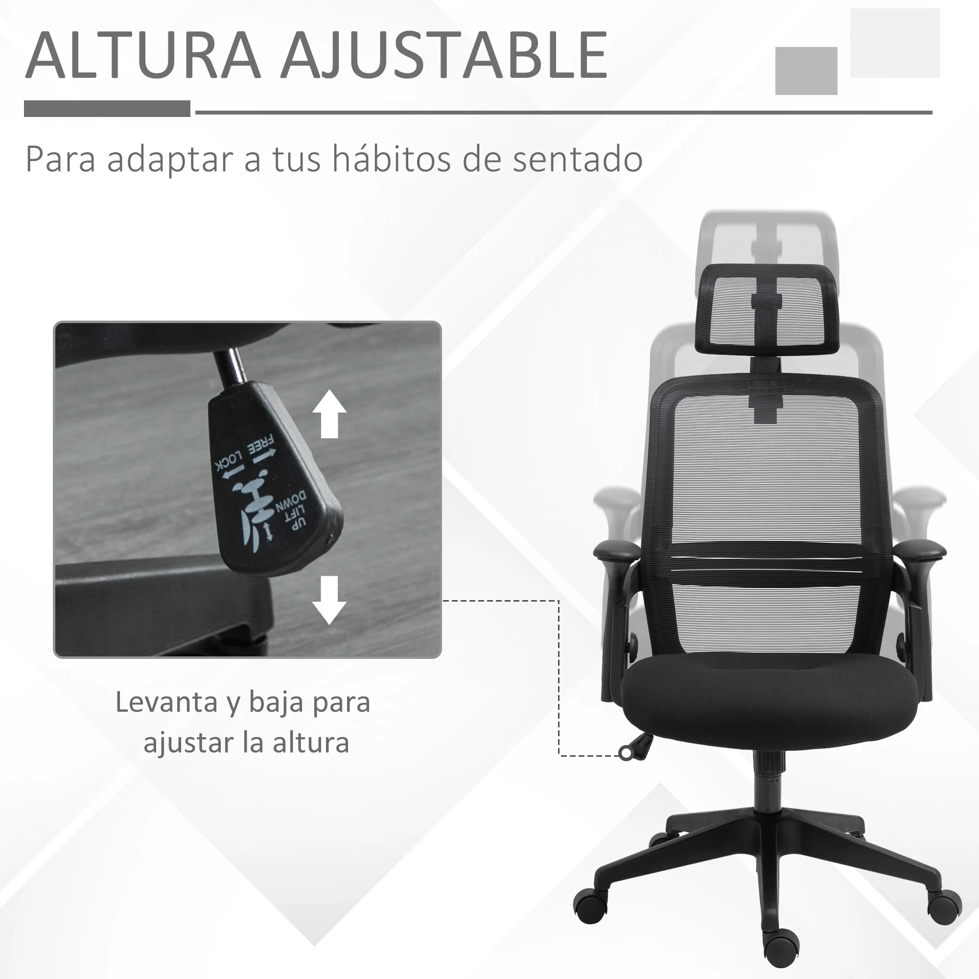 Vinsetto Silla de Oficina Ergonómica Silla Escritorio Giratoria con Altura  Ajustable Función Reclinable Reposacabezas Regulable y Soporte Lumbar  65x67x108-118 cm Blanco