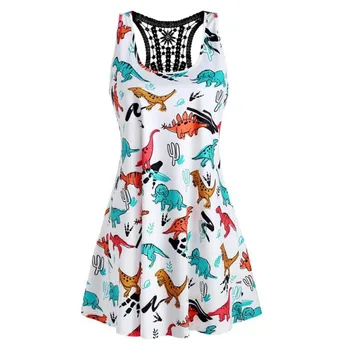 

Women's Sexy Sleeveless Dinosaur Print O-Neck Lace Hollow Tank Short Dress Mini Dress