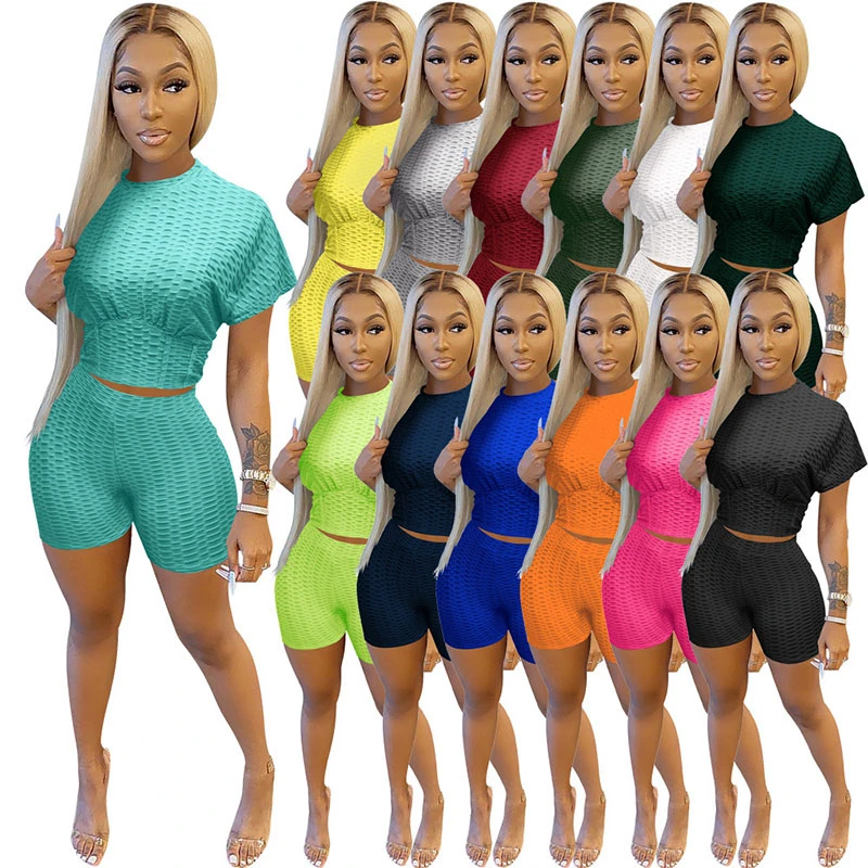 Sexy Two Piece Sports Set Solid Short Sleeve Crop Top Biker Shorts Summer Fitness Tracksuit Women Fashion Outfits gymdolphins 2023 new women sexy tracksuit backless letter printed skinny yoga fitness jumpsuits sportswear one piece gym set