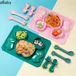 Baby Silicone Plate Kids Bowl Plates  Dinosaur Cartoon Spoon Fork Set Baby Feeding Silicone Bowl Dishes Kids Tableware