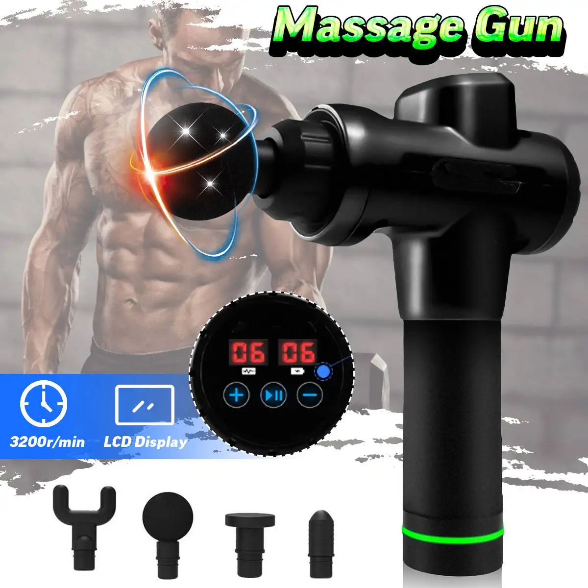 

3200r/min LED Indicator Massage Guns 3 Gears Muscle Massager Pain Sport Massage Machine Relax Body Slimming Relief 4 Heads