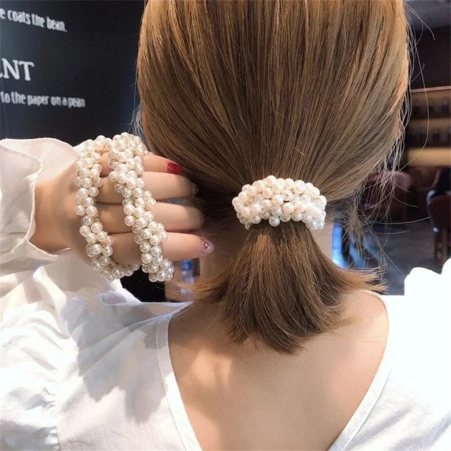 7 Pcs Pearl Black Elastic Hair Ties Ponytail Holders Hair Ropes Scrunchie Ropes For Women Girls