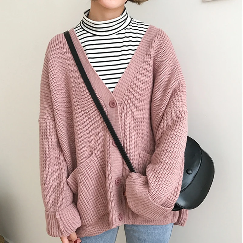 

Cardigan Women 2020 New Korean Casual Loose Preppy V-beck Knitted Vintage Solid Elegant Double Pocket Design Single Breasted W38