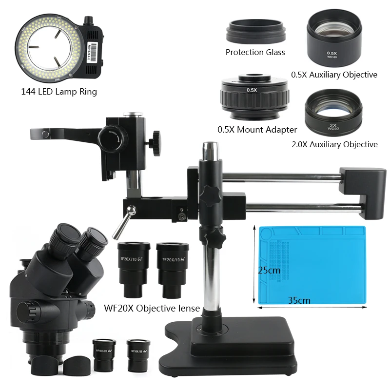 3,5-90X непрерывное Масштабирование двойной стрелы Simul-Focal черный стерео тринокулярный микроскоп 144 светодиодный фонарь-кольцо для чип для телефона ремонт