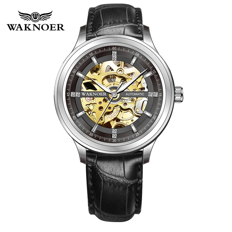 

WAKNOER Mens Watches Top Brand Luxury Rhinestone Design Men's Watch Tourbillo Automatic Mechanical Hollow Leather Watch For Men
