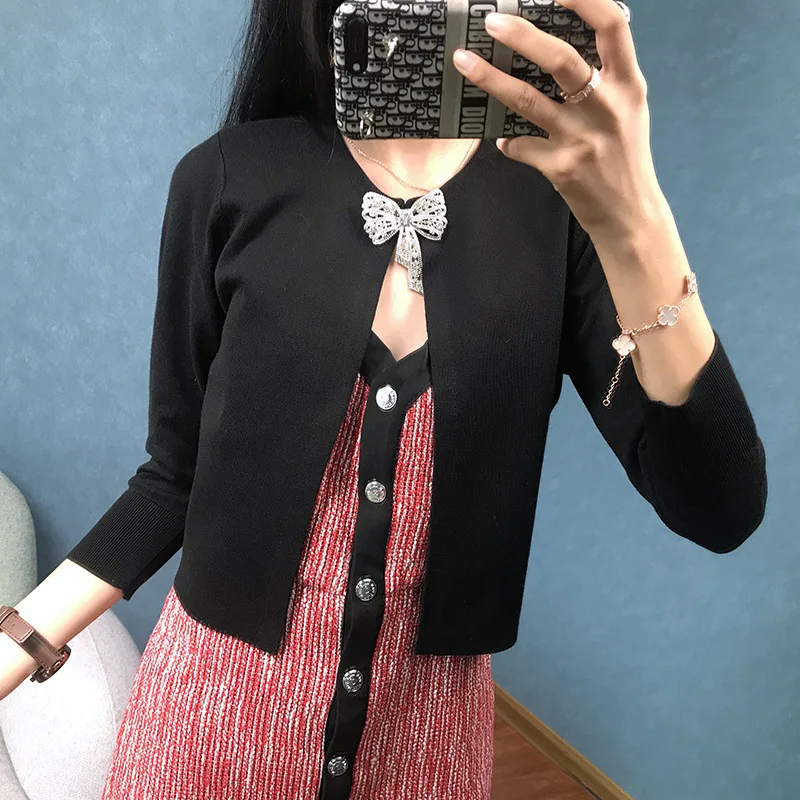 

Women Cardigan Elegant Bow Shrug Short Sweater Coat Black Crop Top Runway Three Quarter Sleeve Knitted Outwear Office Lady