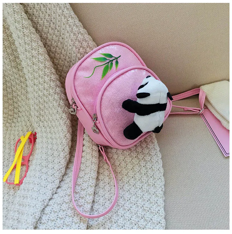 Mini PU leather Crossbody Bag for Little Girls Sequin Gillter School Handbags Teenagers Cute Panda Plush Backpack Pink Black Red (8)
