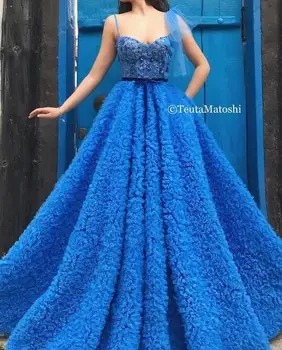 

Royal Blue Sweetheart Evening Dresses 2020 Ball Gown V-neck Ruffles Beaded Islamic Dubai Saudi Arabic Long Formal prom Gown
