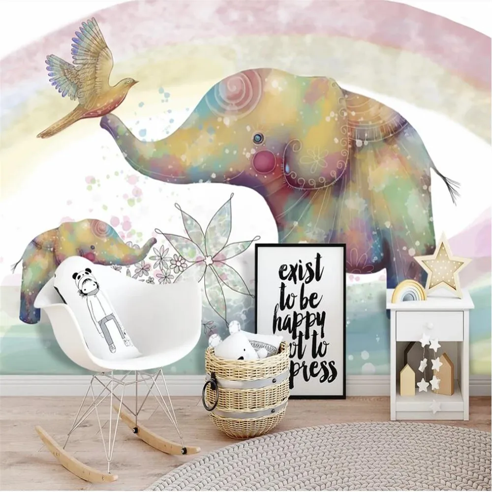 

Milofi custom 3D wallpaper mural hand-painted rainbow cartoon elephant children's room background wall decoration painting