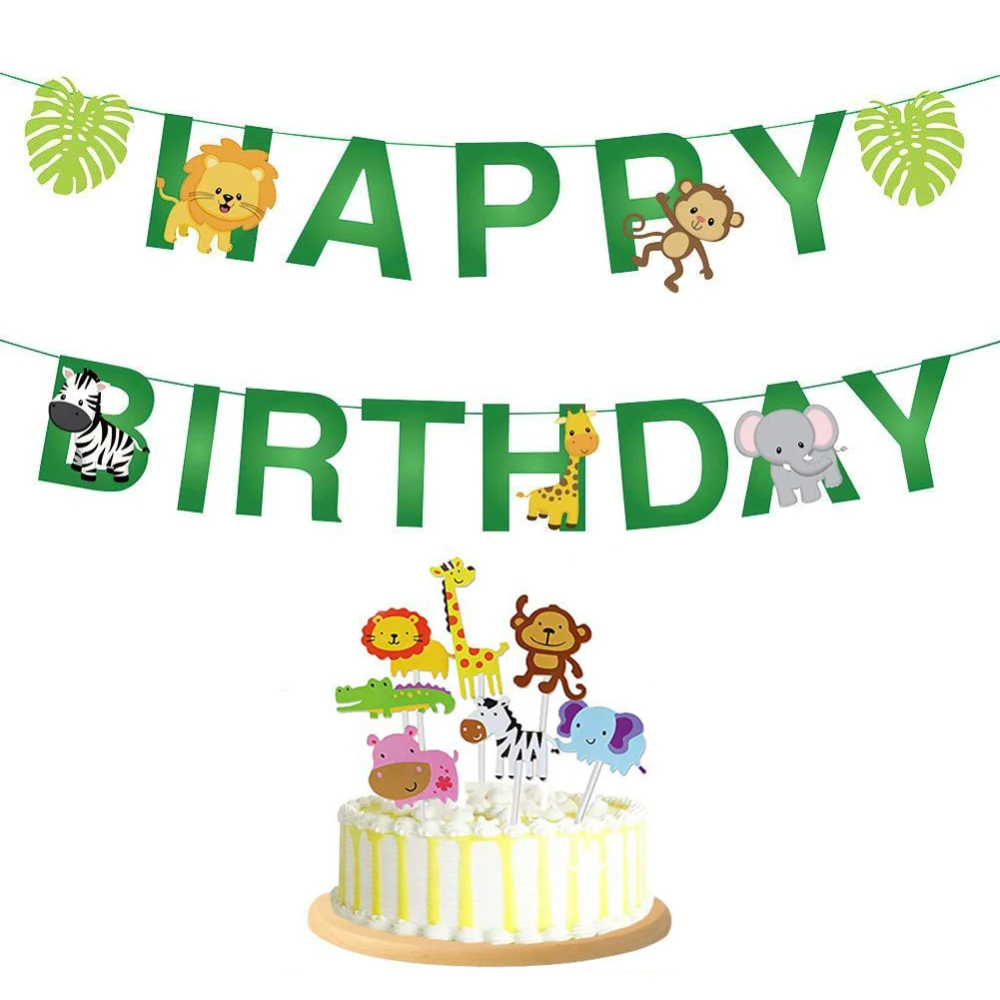 

Jungle Safari Park Theme Birthday Party Decor Foil Balloon Bunting Leaves Aluminum Foil Balloon Set Birthday Letter Pull Flag