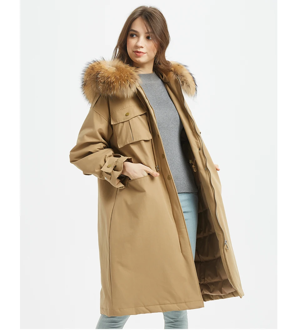 

2019 new winter jacket Loose long Leather natural fox fur collar White duck down thick warm Park Parker Coat