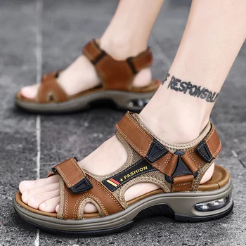 

2020 summer new leather beach sandals men's first layer leather slippers men's soft bottom air cushion non-slip wear-resistant