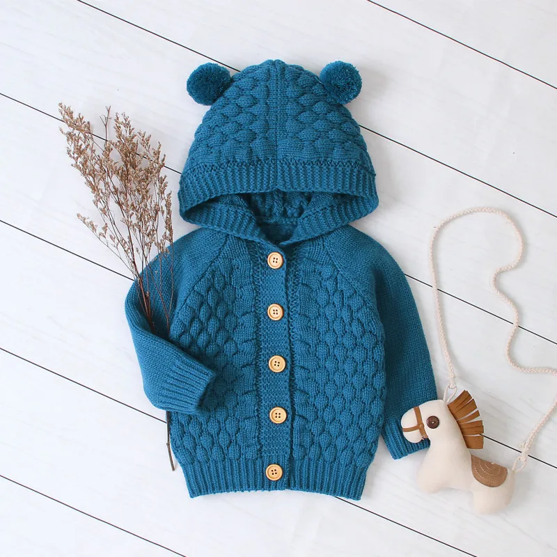 Вязаный детский свитер; коллекция года; зимний Кардиган для новорожденных; свитера для маленьких мальчиков; куртки с капюшоном на пуговицах; осеннее пальто для маленьких девочек - Color: Blue