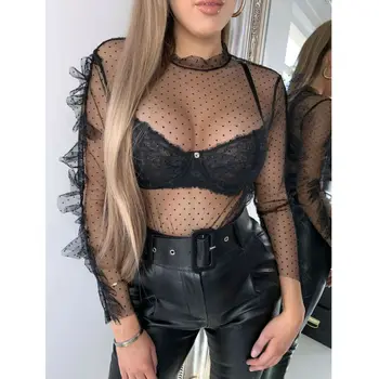 

2020 Sexy See-through Lace Blouse Clubwear Women Sheer Mesh Polka Dot Ruffle Long Sleeve Blouse Black