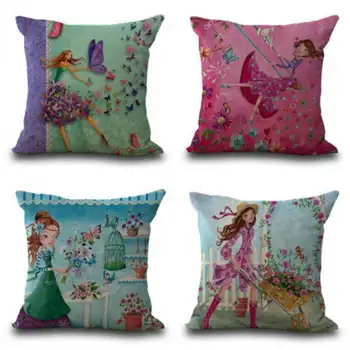 

Girl Cotton Linen Pillowcase Textile Throw Printed Pillow Cover for Home Office Sofa Car Seat Decor
