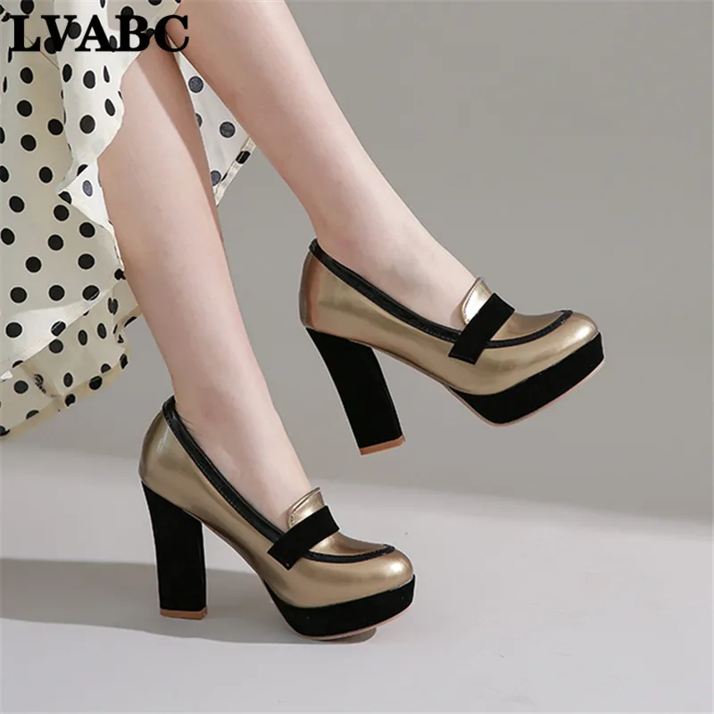 

New Style Sexy Patent Leather Shallow Mouth round Waterproof Platform High-Heel Chunky-Heel Shoes Four Seasons Work women's