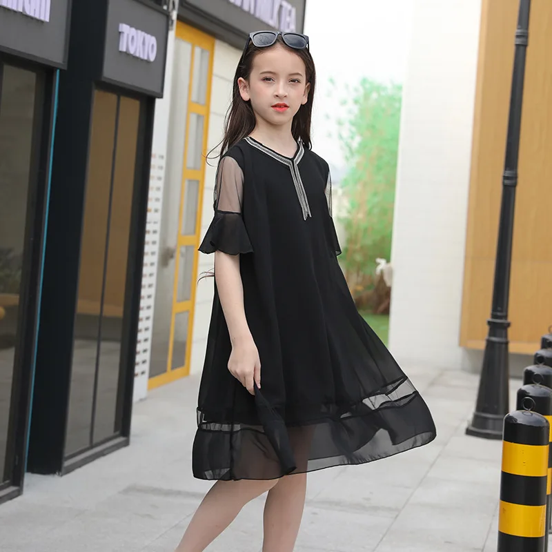 Fashion Teenage Girls Dresses Sequined V-neck Flare Sleeve Chiffon Black Tops 8 9 10 11 12 13 14 15 years Kids Dress | Детская одежда и