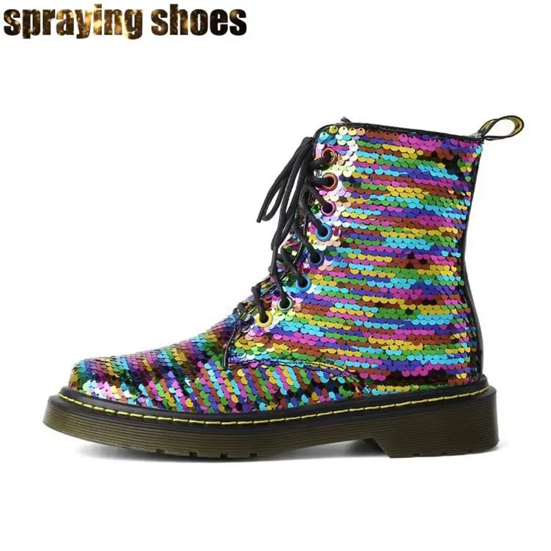 

Chic Rainbow Color Women Flat Heel Ankle Martin Boots Multicolor Sequins Riding Boots Sexy Ladies Winter Shoes Boots Woman 2019