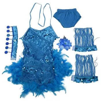 

New Children Kids Sequin Feather Fringe Stage Performance Competition Ballroom Dance Costume Latin Dance Dress For Girls Blue,L