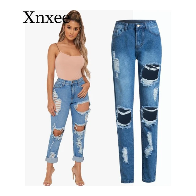 Sexy Club Destroyed Ripped Boyfriend Jeans For Women Damage Big Hole Jeans Woman Baggy High Waisted Distressed Jeans Long - Jeans - AliExpress