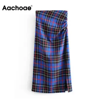 

Women Vintage Elegant Plaid Split Midi Skirt 2020 Fashion High Waist Back Zipper Office Pleated Skirts Casual Faldas Mujer