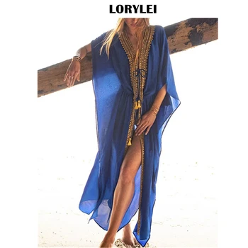 

2020 Blue Bohemian Front Open Side Split Rimmed Summer Dress Plus Size Women Beachwear Sexy Club Party Maxi Dress Robe Q1006