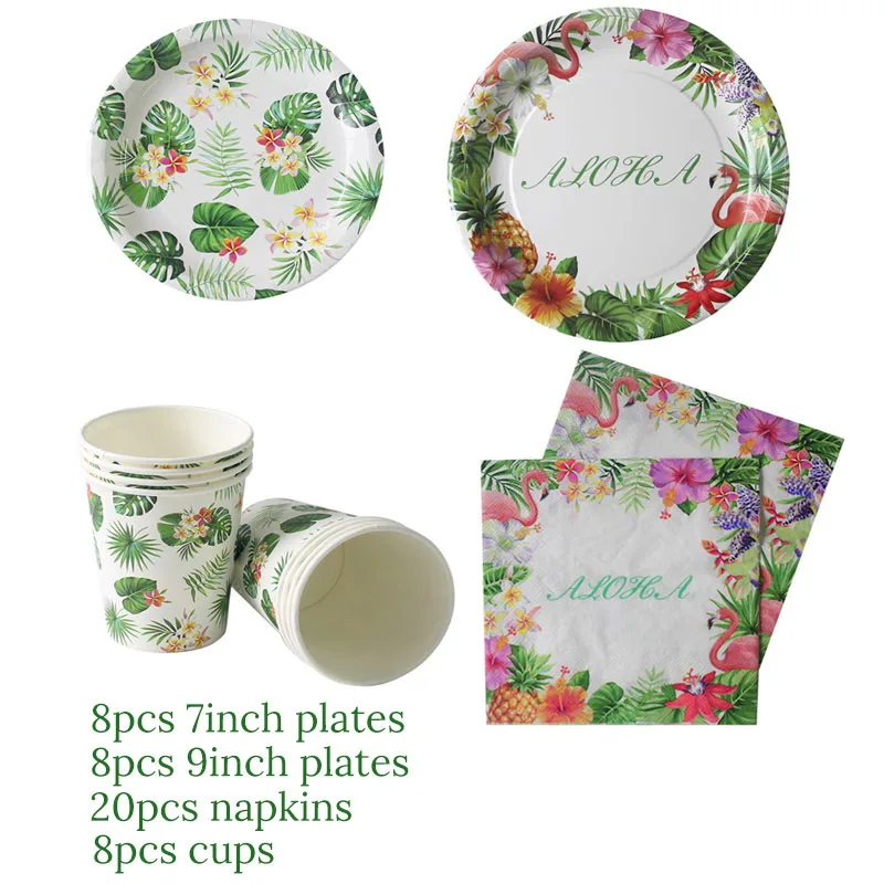 tableware set B Гавайские Вечерние Декорации Искусственные цветы Пальмовые Листья Бантинг Баннер Luau Фламинго летние тропические вечерние свадебные украшения - Цвет: tableware set B