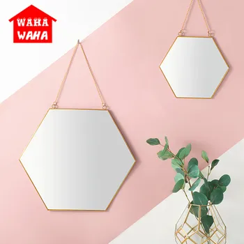 

Rhombus Decorative Mirrors Brass Hexagonal Mirror Bathroom Porch Hanging Wall Mirror Cosmetic Mirrors Home Decor Accessories